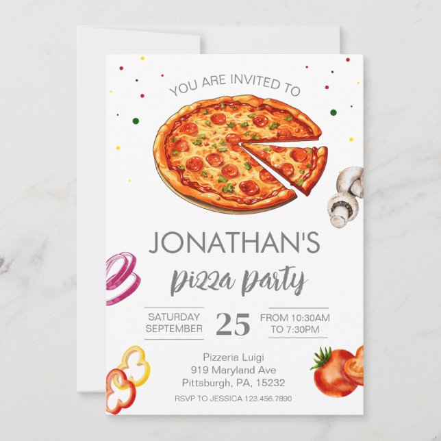 Invitación Watercolor Slice Niños Pizza Fiesta Cumpleaños (Anverso)