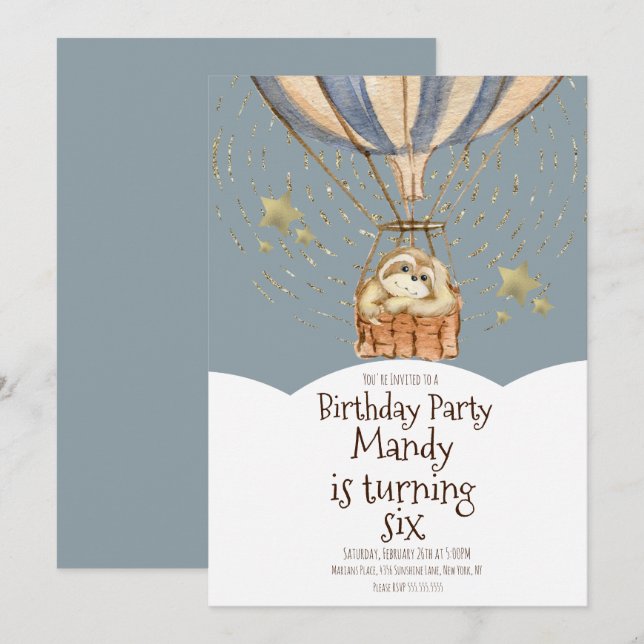 Invitación Watercolor Sloth Airballoon Birthday Dusty Blue (Anverso / Reverso)