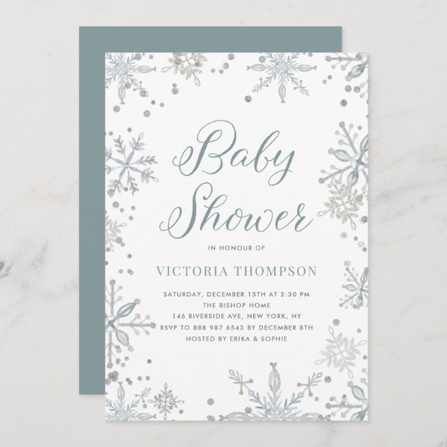 Invitación Watercolor Snowflakes Purpurina Winter Baby Shower (Anverso / Reverso)