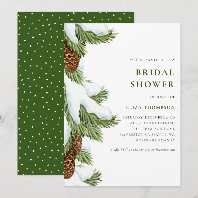 Invitación Watercolor Snowowy Pine Needles Bridal Shower (Anverso / Reverso)