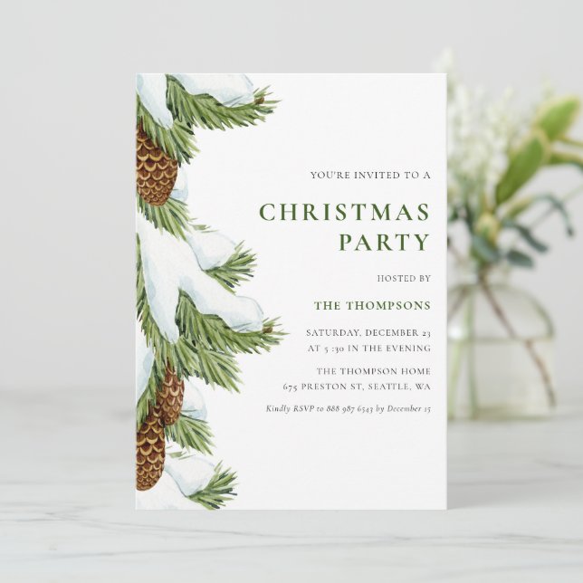 Invitación Watercolor Snowy Pine Needles Navidad Fiesta (Anverso de pie)