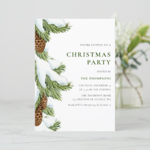 Invitación Watercolor Snowy Pine Needles Navidad Fiesta