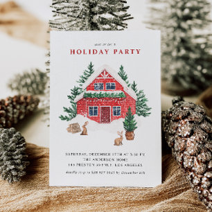 Invitación Watercolor Snowy Red Cottage Fiesta de vacaciones 
