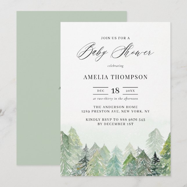 Invitación Watercolor Snowy Woodland Winter Baby Shower (Anverso / Reverso)