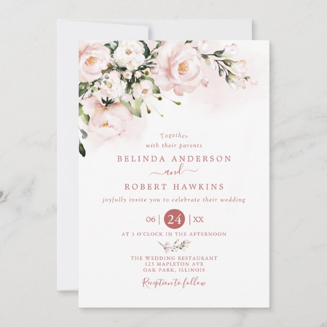 Invitación Watercolor soft blush pink floral Wedding (Anverso)