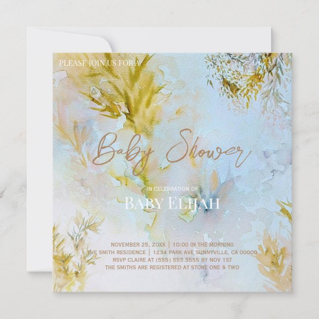 Invitación Watercolor Soft Heavenly deja Baby Shower (Anverso)