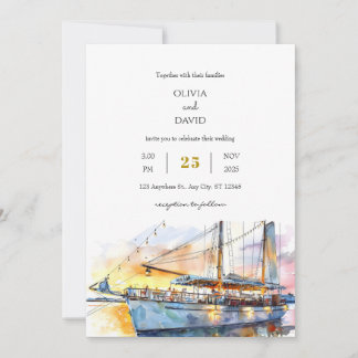 Invitación Watercolor Soft Sunset Sky Sailboat Beach Wedding