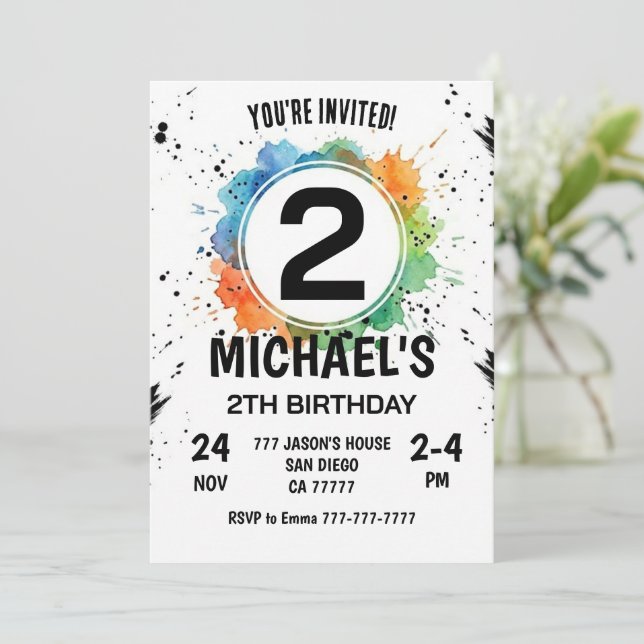 Invitación Watercolor Splash Boy 2th Birthday (Anverso de pie)