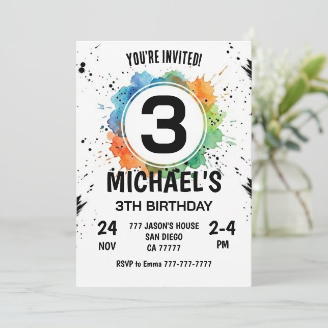 Invitación Watercolor Splash Boy 3th Birthday (Anverso de pie)