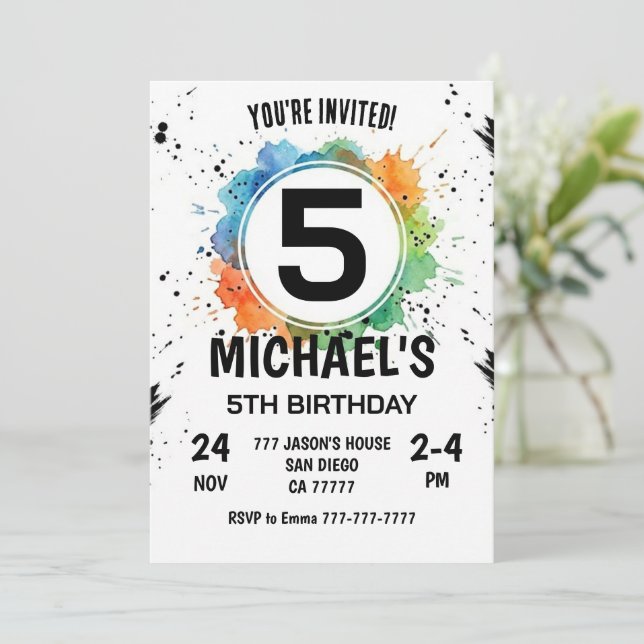 Invitación Watercolor Splash Boy 5th Birthday (Anverso de pie)