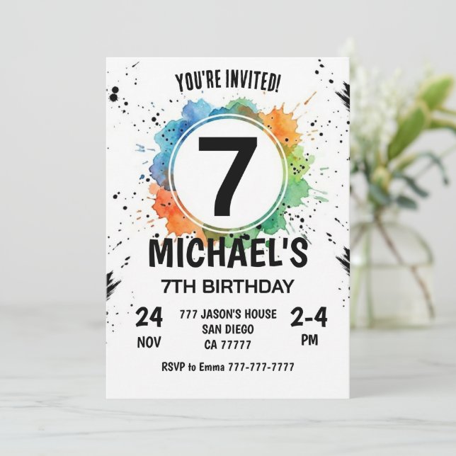 Invitación Watercolor Splash Boy 7th Birthday (Anverso de pie)