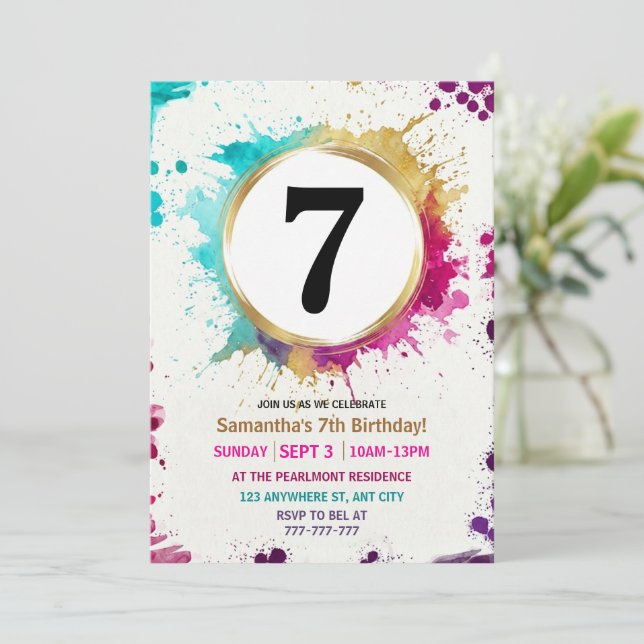 Invitación Watercolor Splash Boy 7th Birthday Party (Anverso de pie)