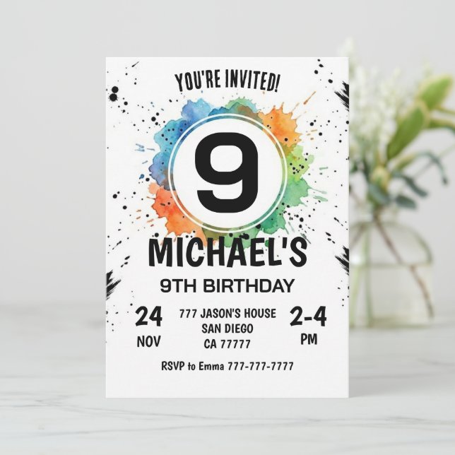 Invitación Watercolor Splash Boy 9th Birthday (Anverso de pie)