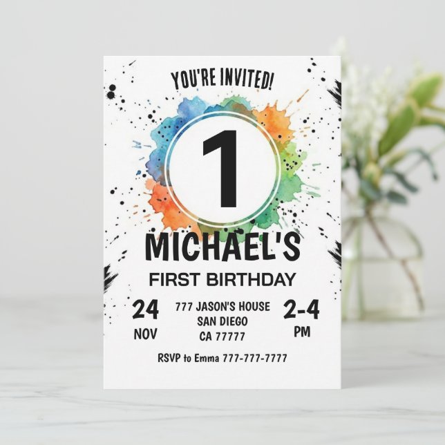 Invitación Watercolor Splash Boy First Birthday (Anverso de pie)