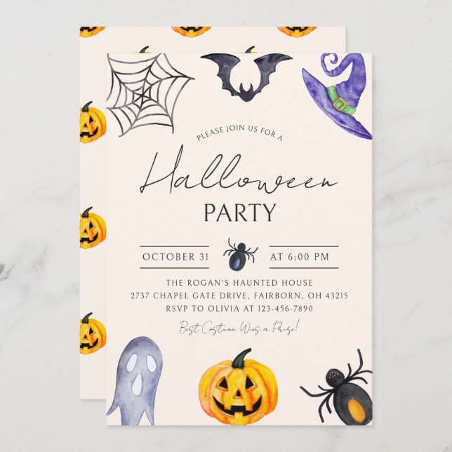 Invitación Watercolor Spooky Fun Halloween Party (Anverso / Reverso)