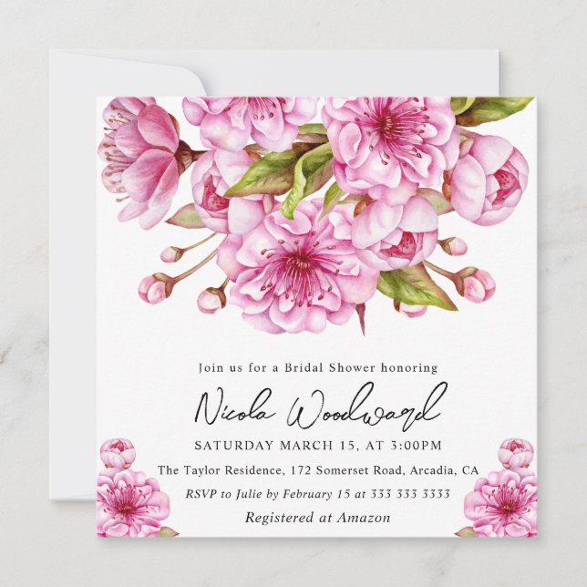 Invitación Watercolor Spring Cherry Blossom Bridal Shower (Anverso)