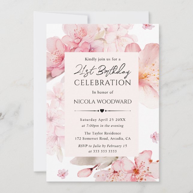 Invitación Watercolor Spring Cherry Blossoms 21º cumpleaños (Anverso)