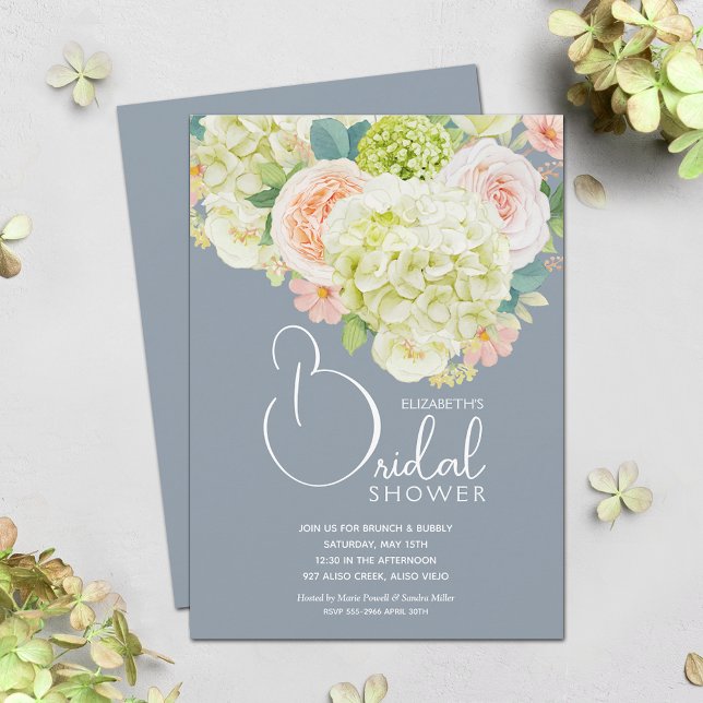 Invitación Watercolor Spring Floral Bridal Shower (Hydrangeas and Roses Dusty Blue Bridal Shower Invitations)