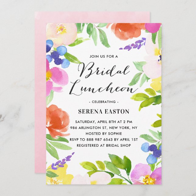 Invitación Watercolor Spring Flowers Bridal Luncheon (Anverso / Reverso)