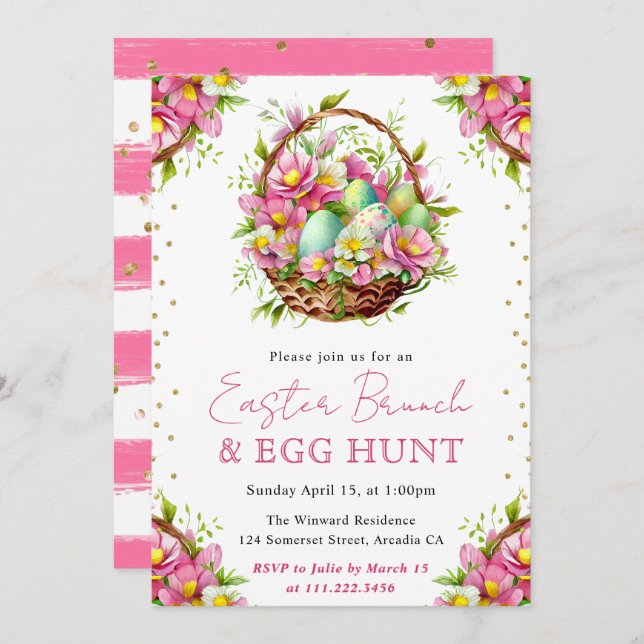 Invitación Watercolor Spring Flowers Easter Basket Brunch (Anverso / Reverso)