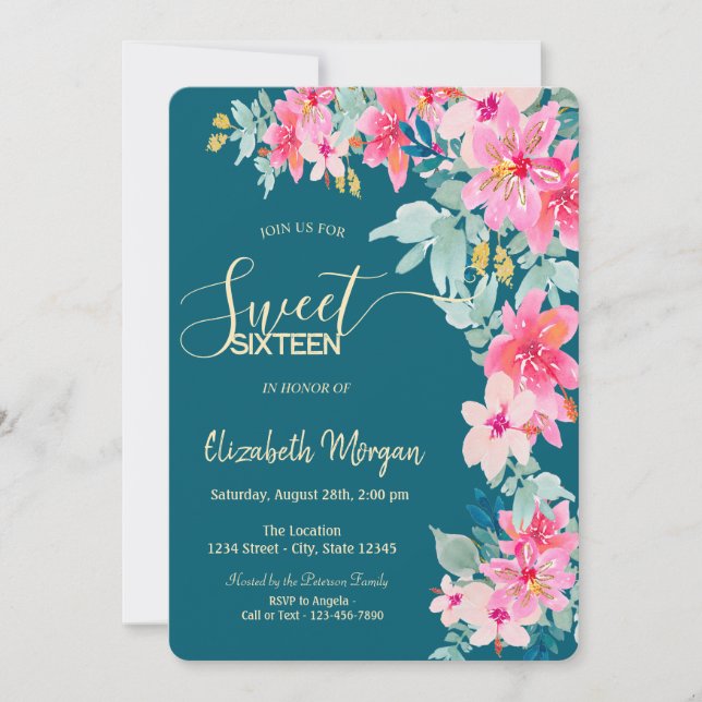 Invitación Watercolor Spring Flowers Green Sweet 16 (Anverso)