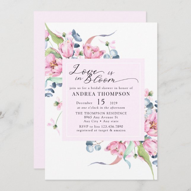 Invitación Watercolor Spring Pink Floral Bridal Shower (Anverso / Reverso)
