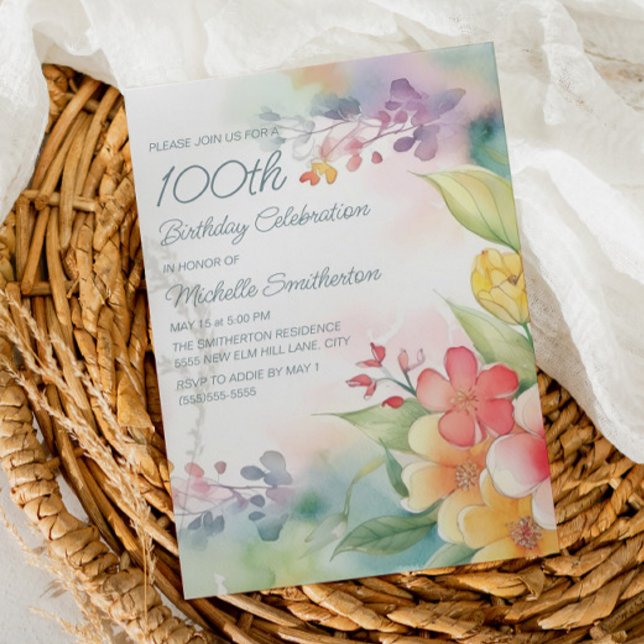 Invitación Watercolor Springtime Flowers 100th Birthday (Subido por el creador)