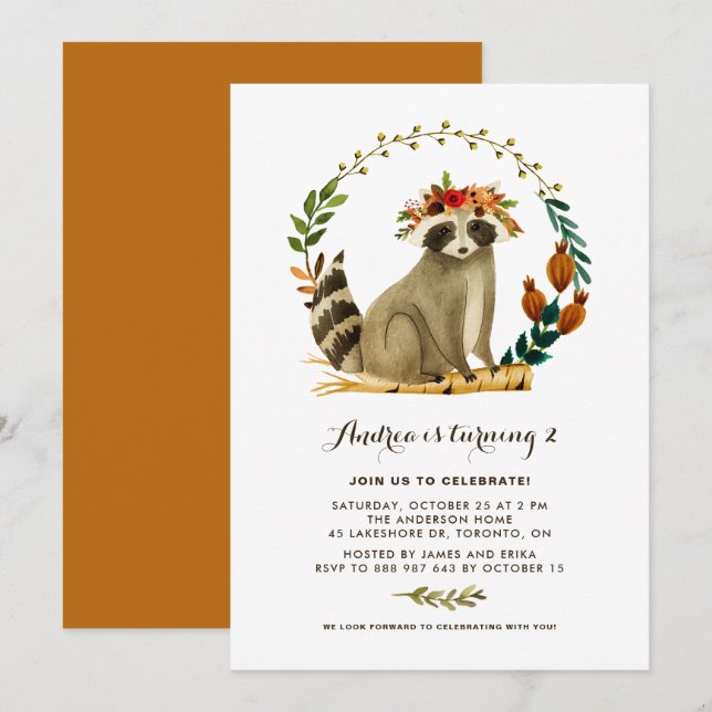 Invitación Watercolor Squirrel Wreath Otoño Niños Cumpleaños (Anverso / Reverso)