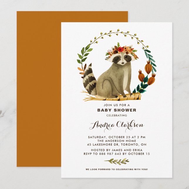 Invitación Watercolor Squirrel Wreath Otumn Baby Shower (Anverso / Reverso)