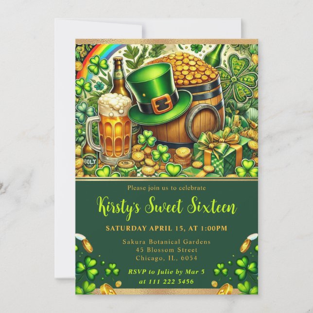 Invitación Watercolor St Patrick's Day Sweet 16 (Anverso)
