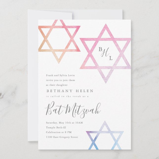 Invitación Watercolor Star of David Bat Mitzvah (Anverso)