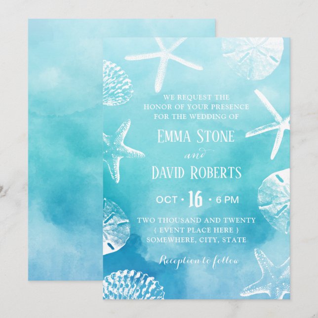Invitación Watercolor Starfish & Seashells Beach Wedding (Anverso / Reverso)