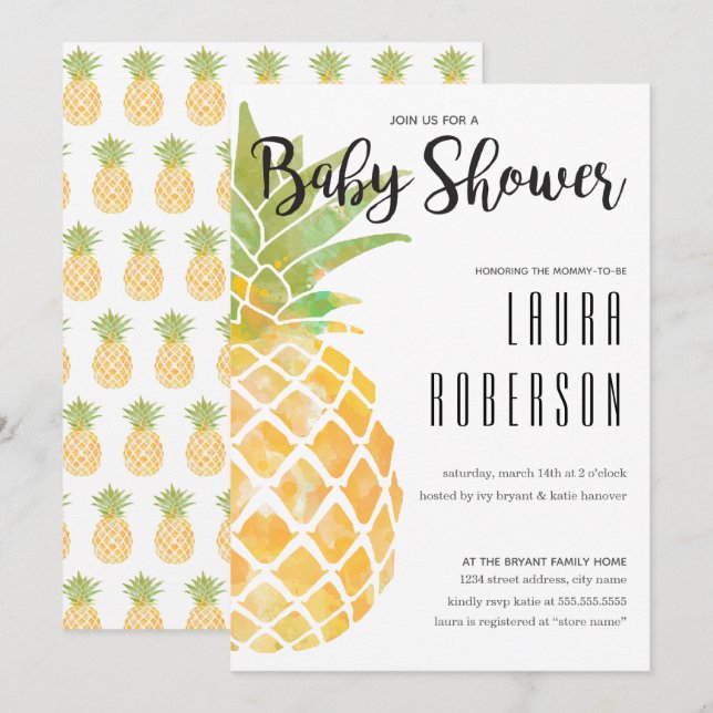 Invitación Watercolor Stencil Pineapple Baby Shower (Anverso / Reverso)