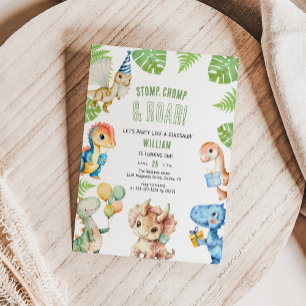 Invitación Watercolor Stomp Chomp & Roar Kids Fiesta de cumpl