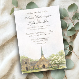 Invitación Watercolor Stone Chapel Summer Wedding Invitation