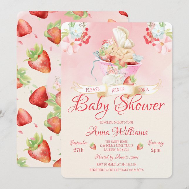 Invitación Watercolor Strawberry Baby Fairy Baby Shower (Anverso / Reverso)