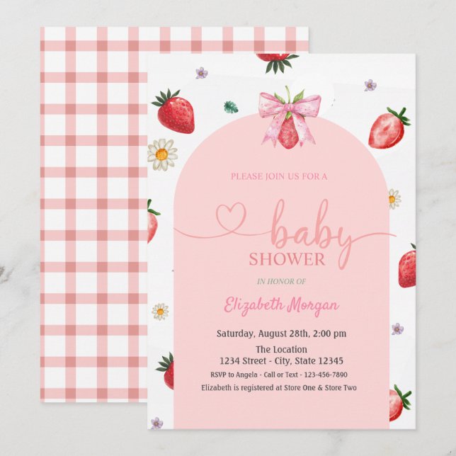 Invitación Watercolor Strawberry Bow Red Plough Baby Shower (Anverso / Reverso)