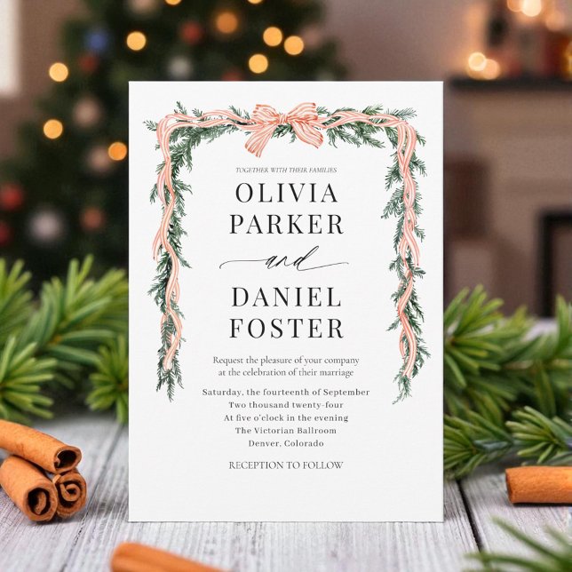 Invitación Watercolor Striped Red Bow Christmas Greenery (Subido por el creador)