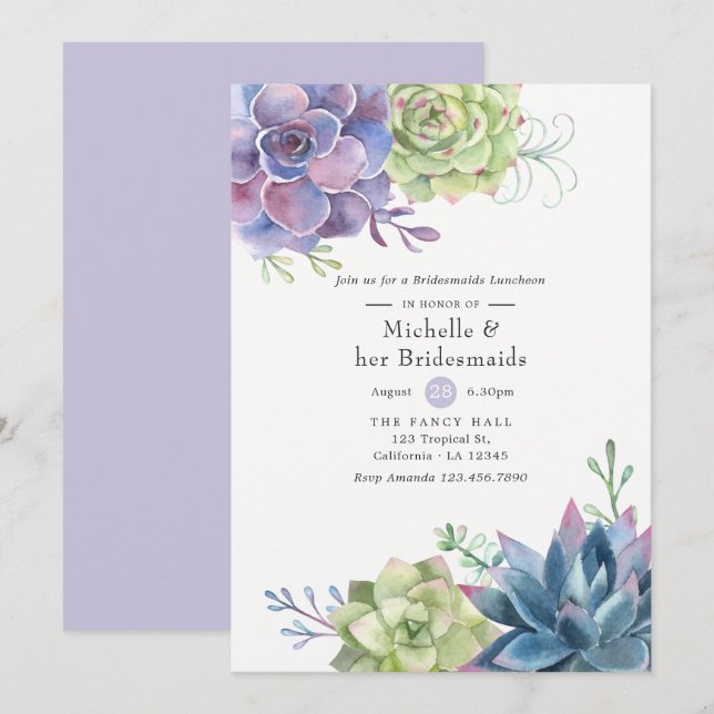 Invitación Watercolor Succulens Boda Bridesmaids Luncheon (Anverso / Reverso)