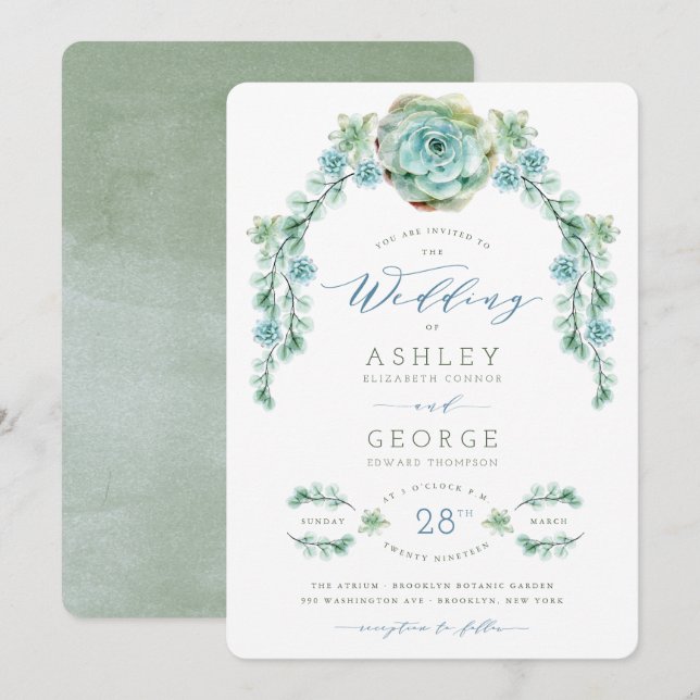 Invitación Watercolor Succulents Garden Spring Wedding Invite (Anverso / Reverso)