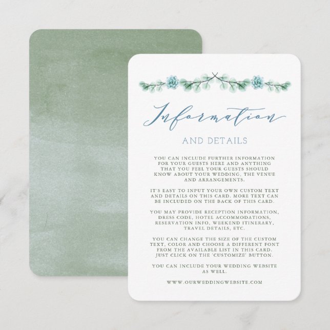 Invitación Watercolor Succulents Garden Wedding Info Card (Anverso / Reverso)