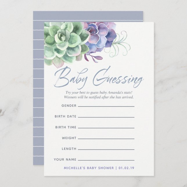 Invitación Watercolor Suculens Baby Predictions Game (Anverso / Reverso)