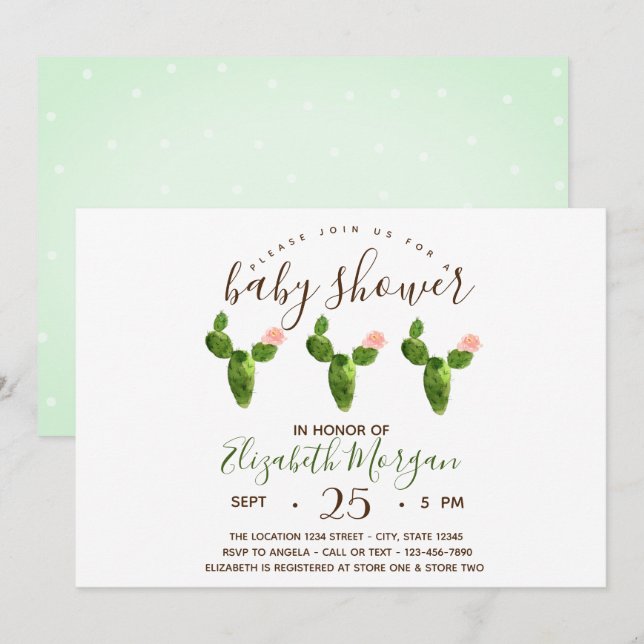 Invitación Watercolor Suculent Polka Dots Baby Shower (Anverso / Reverso)