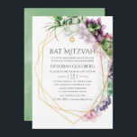 Invitación Watercolor Suculento Bat Geométrico Mitzvah<br><div class="desc">A la moda suculenta el murciélago boda mitzvah con marco geométrico dorado y lavado de color verde salado de color agua reverso.</div>