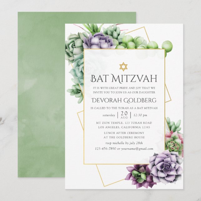 Invitación Watercolor Suculento Bat Geométrico Mitzvah (Anverso / Reverso)