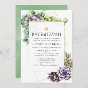 Invitación Watercolor Suculento Bat Geométrico Mitzvah