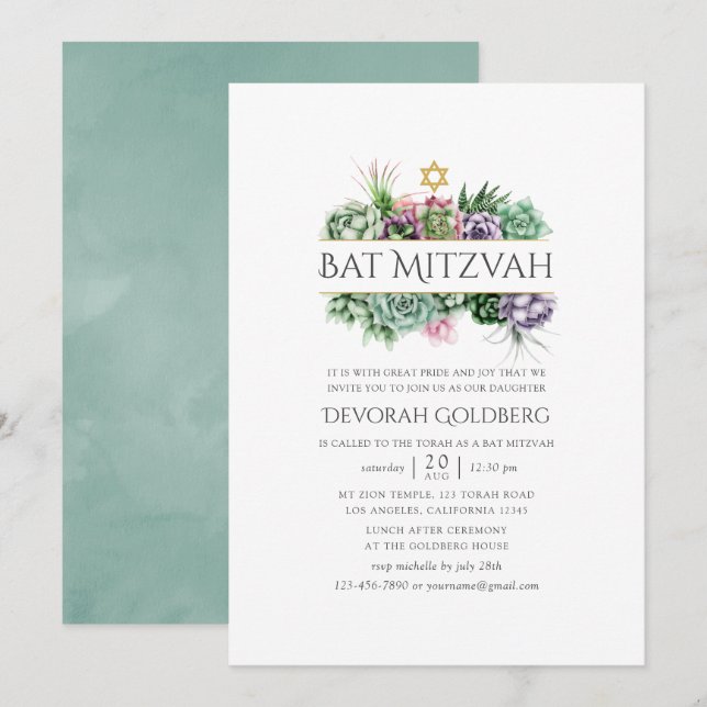 Invitación Watercolor Suculento Bat Geométrico Mitzvah (Anverso / Reverso)