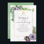 Invitación Watercolor Suculento Bat Geométrico Mitzvah<br><div class="desc">Invitación a la moda del murciélago mitzvah con marco geométrico dorado y tipografía elegante de escritura a mano.</div>