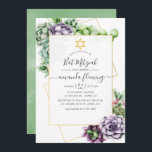 Invitación Watercolor Suculento Bat Geométrico Mitzvah<br><div class="desc">Invitación a la moda del murciélago mitzvah con marco geométrico dorado y tipografía elegante de escritura a mano.</div>