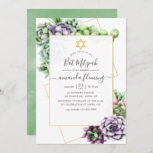 Invitación Watercolor Suculento Bat Geométrico Mitzvah